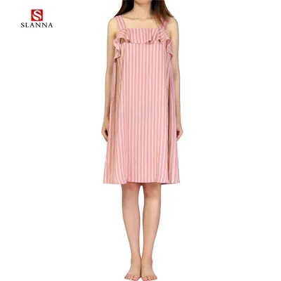 Loose MIDI Home Wear Dresses Striped Cotton Sleeveless Backless Clothing