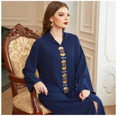 Tibetan Blue and Gold Tube, Moroccan Style, Middle East Light Luxury Hand Sewn Drill Robe Abaya Muslim Dress