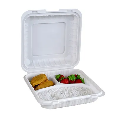 3 Compartment Mfpp Hinged Food Clamshell Box Disposable Takeway Food Bento Box Plastic Mfpp Clamshell Food Container 8*8inch