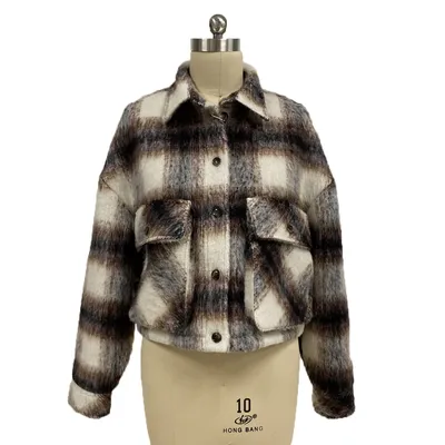Custom Made OEM Ladies Plaid Wool Jacket with Shirt Collar
