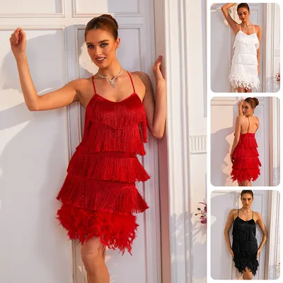 Fringe V-Neck Camisole Dress Multilayer Fringe Feather Hem Party Mini Dress
