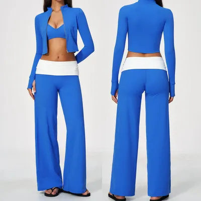 Women 3 Piece Workout Set, Halter V Neck Sports Bra + Gold Zipper Cropped Jacket + Fold Over Waist Wide Leg Pants, Butt Lifting