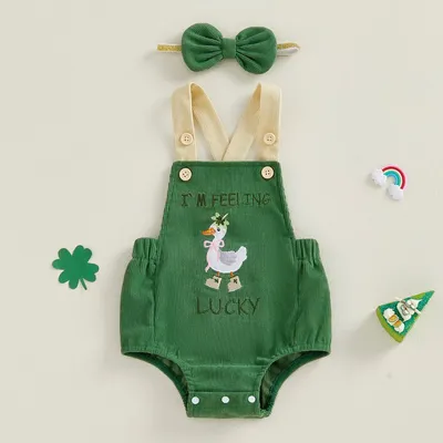 Newborn Infant Irish Day Playsuits Letter Duck Embroidery Overalls Headband Baby Girls Rompers