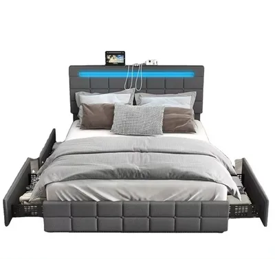 Yjx Full Size Bed Frame with USB Charging Station & LED Lights