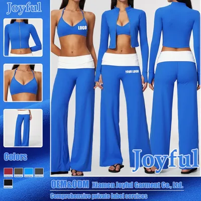 Color-Blocking Activewear Sports Wear Woman 3PCS Bra+Yoga Jacket+Baggy Pants Gym Sports Suits