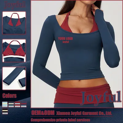 Color-Blocking Yoga Wear False Two-Piece Long-Sleeve Fitness Clothes Crop Gym Shirt Woman