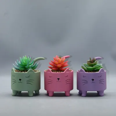 Potted Faux Succulent Plants Table Decoration Set of 3, Ceramic Cute Animal Cat Pot