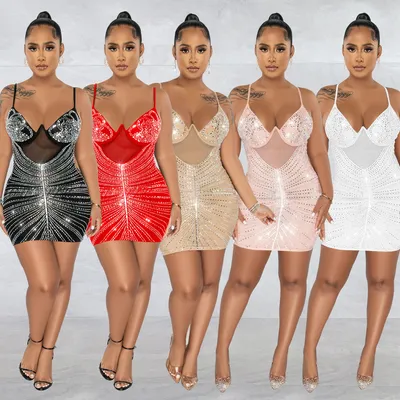 Women's Fashion Sleeveless Mesh Mini Dress with Rhinestone Embellishment and Spaghetti Straps Sexy Short Dresses