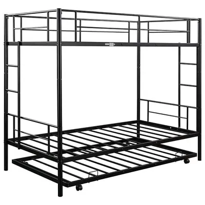 Metal Bunk Bed with Trundle Twin Over Twin Modern Bunk Beds with Slats Heavy Duty Bunkbed Frame for Adults, Teens, Boys and Girls.