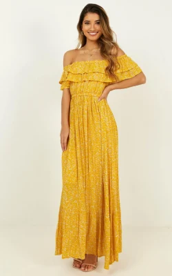 Womens off Shoulder Maxi Dress in Yellow Floral