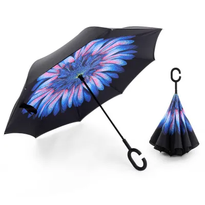 Reverse Folding Umbrella Double Layer Straight Umbrella with C-Shaped Handle
