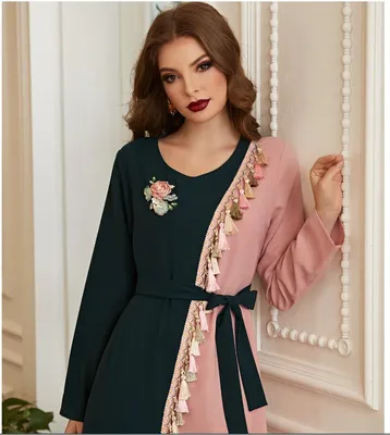 Beautiful Retro Green and Pink Tassels Hand-Made Flowers Rhinestone Long Sleeves, Long Skirts, Robes