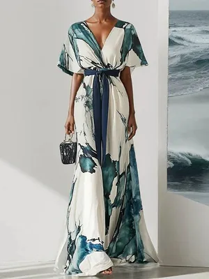 Elegant Teal Marble Print V Neck Kimono Sleeve Maxi Dress