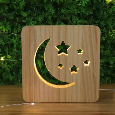 Home Decor Pine Wood Carving LED Table Lamp USB Night Light with Button Switch