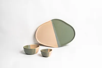 3-Piece Organic Ceramic Dinnerware Set – Asymmetrical Plate and Bowls with Split Matte Green & Peach Glaze