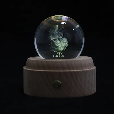 New Arrival Virgo 12 Constellations RGB Night Light Decorative 3D Crystal Mood Lamp Wooden LED Table Lamp with Music Box