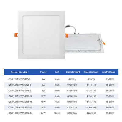 Indoor Lighting 3W 6W 9W 12W 15W 18W 24W Round Square Recessed Ceiling Lamp LED Panel Light for Home Office Hotel LED Downlight