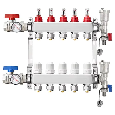 Abst Pex 5ways Manifold, Stainless Steel Floor Heat Manifold Kit with 1/2" Adapters Included for Hydronic Radiant Floor Heating
