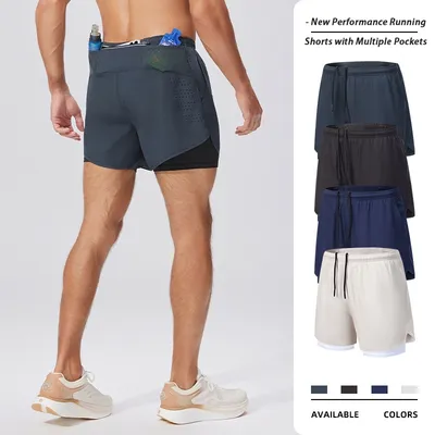 Customized Hot Selling Men's 2 in 1 Design Fitness Gym Shorts Outdoor Running Wear Short Pants with Liner Shorts + Multiple Pockets Activewear