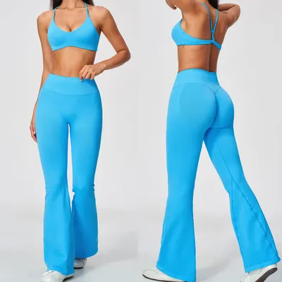 Women 2 Piece Seamless Yoga Outfit, Y-Back Ribbed Sports Bra & High Waist Butt Lifting Flare Leggings, Workout Matching Activewear Set