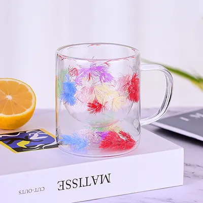 Blooming Flowers Double-Layer Glass Cup Mug with Beautiful Personalized Dried Flower Filling