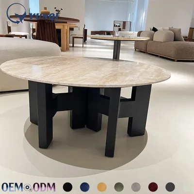 Contemporary Natural Stone Round Coffee Table Metal Support Villa Center Table