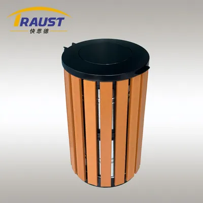 Traust Outdoor Wooden Trash Bin Swing Lid Dustbin Supplier Waste Garbage Can