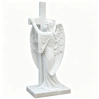 White Marble Angel Holding Cross Statue