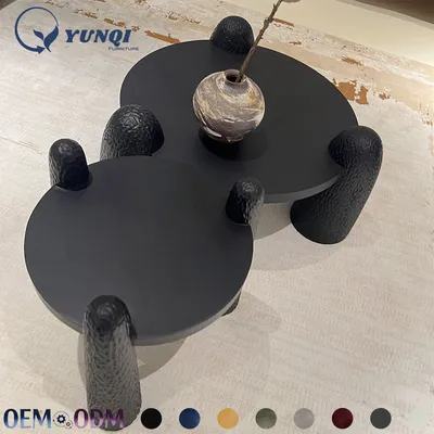 Art Textured Base Living Room Center Table Minimalist Black Solid Wood Nesting Round Coffee Table