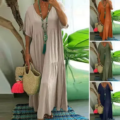 High-Quality Summer Travel Essential - Fashionable V-Neck Short-Sleeved Dress