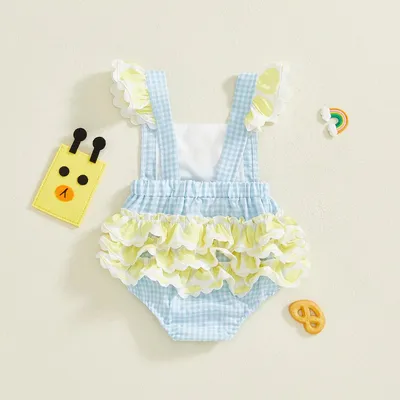 Infant Plaid Fashionable Cute Duck Embroidery Sleeveless Ruffle Summer Clothes Baby Girls Romper