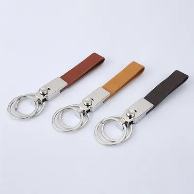 Wholesale 3D Custom Blank Keyring Round Metal High Quality Pebble Engraving Black Leather Keychain