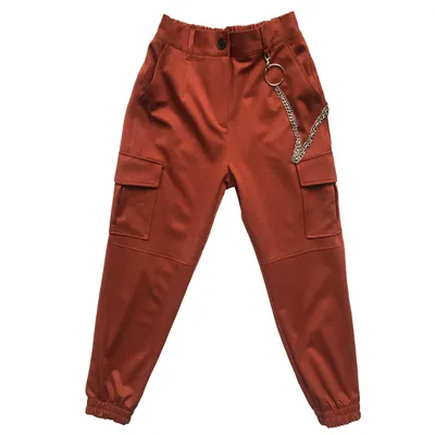 Wholesale Fashion Rust Red Color Cool Cargo Pants with Chains for Woman