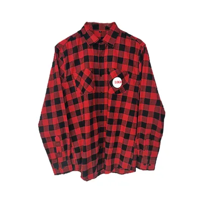 Custom Embroidered Logo Red Black Flannel Shirts Mens Wholesale