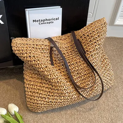 Large-Capacity Woven Beach Bag, Versatile Straw Tote Shoulder Bag for Daily Commute