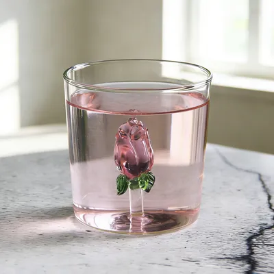 Valentine's Day Creative 3D Pink Rose Glass Drinking Glasses Cup Tumbler