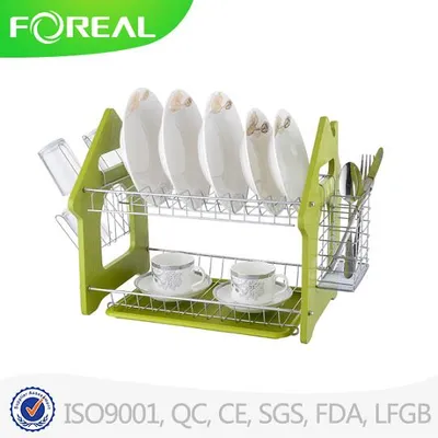 Green Wooden Plate Metal Wire Dish Drainer with Mug Stand