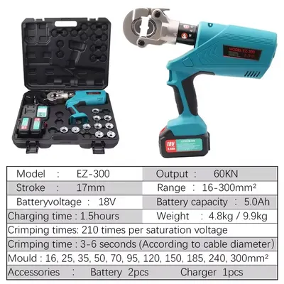 Ez-300 Rechargeable Electric Hydraulic Crimping Charging Crimping Tool Crimping Pliers Range 16-300mm² with Display