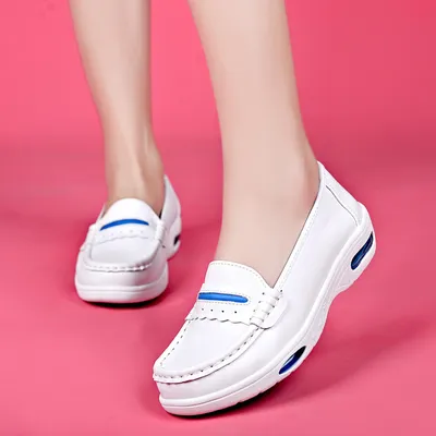 New Slip Resistant Waterproof White Wedge Casual Work Leather Nurse Shoes for Hospital