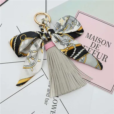 PU Leather Tassel Keychain with Silk Bow