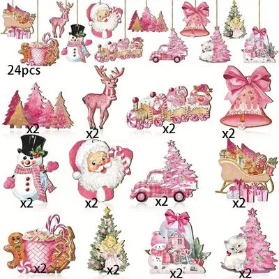 Pink Christmas Wooden Decoration Pendants, Holiday Christmas Tree Decoration, Room, Window, Porch Decoration Supplies