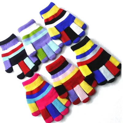 Double Layer Colorful Acrylic Elastic Magic Gloves Student Children Winter Warm Thermal Glove