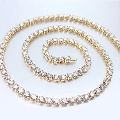 Pink Cubic Zirconia Tennis Chain Necklace 18K Gold Plated Mens Cuban Link Chain