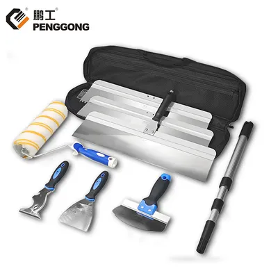 Complete Set of Construction Tools: Trowel, Putty Knife, Scraper, Roller. Painter's Tool Set