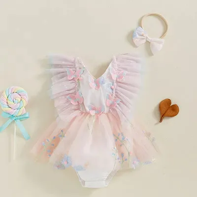 Summer Flower Embroidery Fly Sleeve Mesh Dress Baby Girl Bodysuit