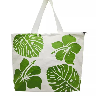 1443r Tyvek with PU Coating Green Gibiscus/Monstera Pattern Large Tote Reusable Paper Handbag Customized Logo