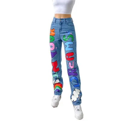 Custom Fashion Pop Printed Jeans Blue Ripped Long Casual Cotton Ladiesjeans
