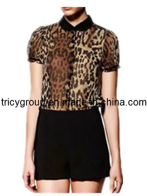 Women's New Fashion Leopard Puff Sleeve Retro Small Lapel Short-Sleeved Chiffon Shirt (LBN9))