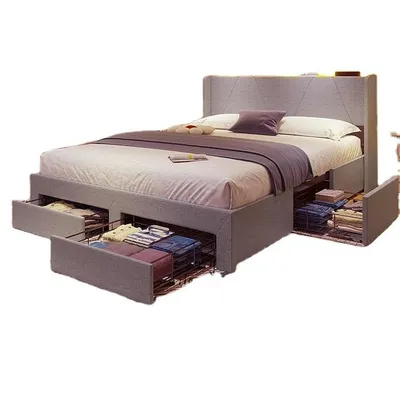 Queen Bed Frame with Storage Headboard & 4 Drawers, LED Upholstered Bed Frame with Charging Station, Light Grey