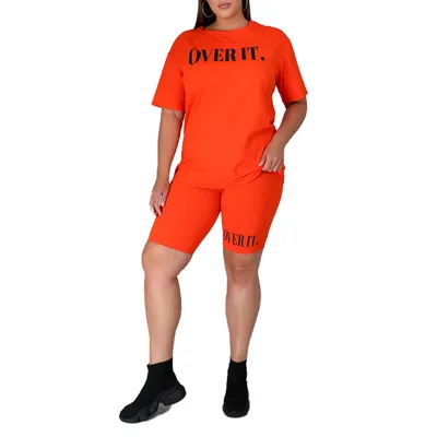 Fashion Women's Casual Sportswear with Letter Printing Round Neck Short Sleeve Top and Shortd Sets Plus Size Leisure Wear and Sports Activities